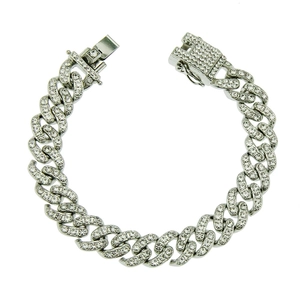 Bracciale a catena cubana argentata in stile Hip-hop con cristalli e chiusura a scatola