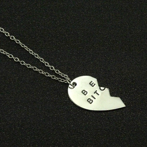 Silver broken heart necklace with 'BE BITC' engraving for best friends style