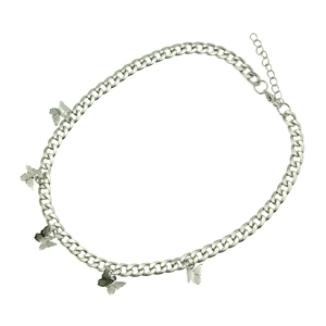 Silver Cuban link necklace with five textured butterfly pendants and adjustable lobster clasp