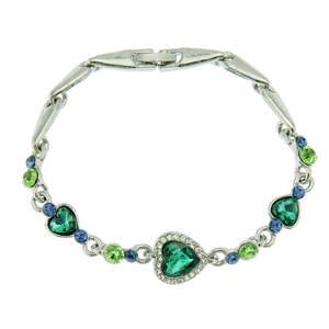 Bracelet élégant en argent avec pierre de cœur verte et accents de cristaux bleus