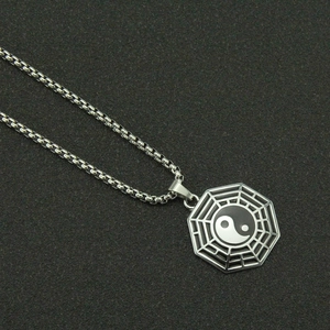 Vintage stainless steel Tai Chi Yin Yang pendant necklace with Bagua octagonal frame