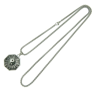 Vintage stainless steel Yin Yang Bagua pendant necklace with a polished silver and black finish