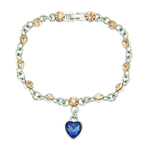 Bracciale a catena argento con gemme champagne e un ciondolo a cuore blu scuro