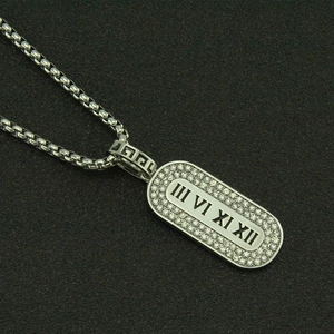 Silver rectangle pendant necklace with roman numerals and pave stones on black display