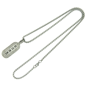 Silver rectangular Roman numeral pendant necklace with white crystals on link chain