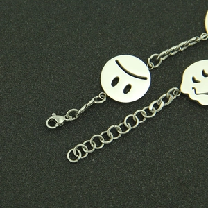 Polished stainless steel smiley face charm bracelet with adjustable lobster clasp chain