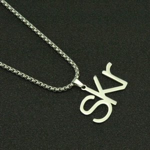 Polished stainless steel SKr letter pendant necklace with high-shine curb chain for men