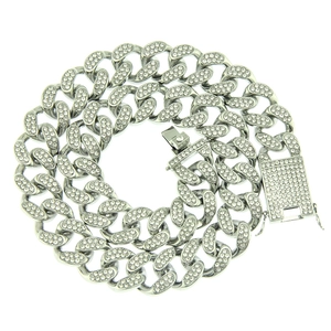Silver Hip Hop Cuban link chain for men with full iced out rhinestones and secure clasp