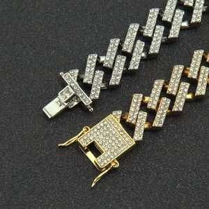 Iced out rhinestone Cuban link chain necklaces in gold and silver hip-hop style set