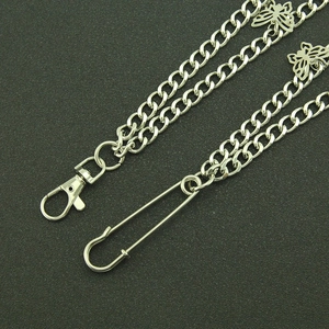Punk silver metal pants chain with butterfly charms and safety pin buckle decoration
