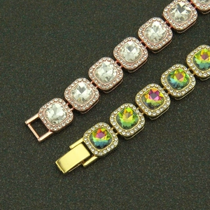 Bracciali tennis hip hop con zirconi quadrati in oro rosa e oro con pietre iridescenti