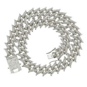 Chaîne cubaine hip hop argentée de 20mm sertie de strass et maillons géométriques