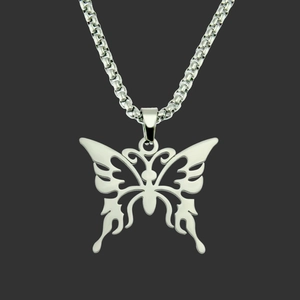 Collier Pendentif Papillon Ajouré en Acier Inoxydable Style Hip Hop Punk Chaîne Box Argentée pour Homme Femme Bijoux