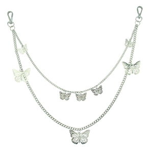 Silver double-layered pants chain featuring hollow butterfly charms and lobster clasps