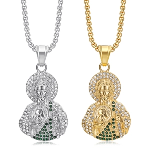 Collier Pendentif Saint Jude en Acier Inoxydable Plaqué Or Argent Figure Religieuse Bijoux Hip Hop Pendentif en Pavé de Strass