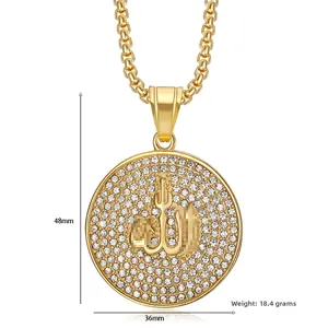 Detail of gold plated Allah pendant with shimmering iced out crystals and 48mm size