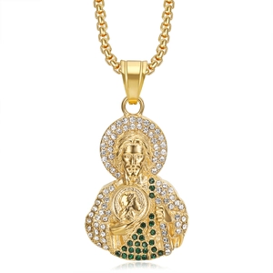 Pendentif Saint Jude Thaddée en or avec pierres vertes et pierres de zircone blanches