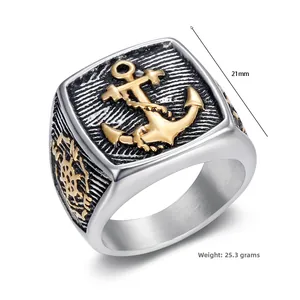 Macro detail of nautical anchor signet ring with golden relief and side helm engraving