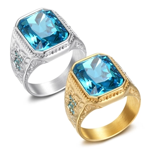 Hip-Hop Herren Edelstahl Ring Gold Silber Vergoldet Vintage Blau Strass Rechteck Edelstein Reliefmuster Ring Schmuck
