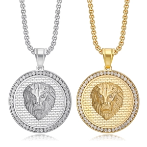 Hip Hop Edelstahl Löwenkopf Anhänger Halskette Rundes Medaillon Mit Strass Für Herren Gold Silber Galvanisierter Schmuck