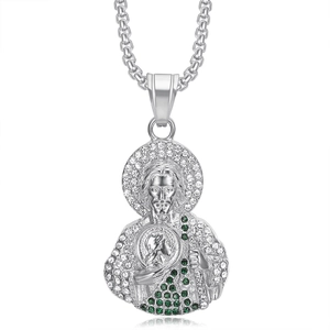 Pendentif Saint Jude hip hop en acier inoxydable argenté avec cristaux verts et blancs
