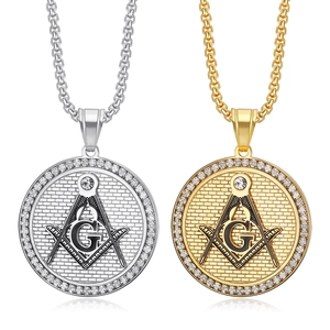 Collier Pendentif Franc-maçonnerie en Acier Inoxydable Hip Hop pour Hommes Plaqué Or Rond Strass Bijoux Religieux Cadeau