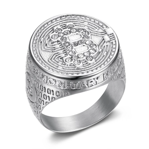 Iced out Bitcoin B ring for men in silver finish with monetary engraving and 0101010 code