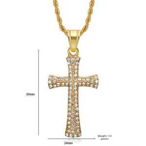 Detail view of a 39mm x 24mm gold plated cross pendant with sparkling white zircons
