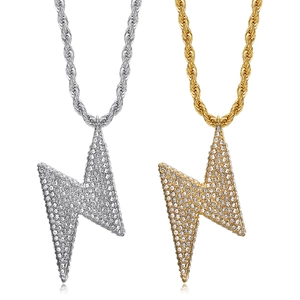 Collier Pendentif Éclair Hip Hop Iced Out Pour Hommes Femmes Acier Inoxydable Or Argent Strass Bijoux