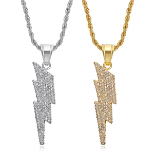 Hip Hop Titanium Steel Lightning Bolt Pendant Necklace Pave Rhinestone Iced Out Gold Silver Plated Jewelry For Men Women