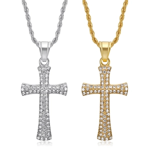 Hip Hop Stainless Steel Rhinestone Cross Pendant Necklace Gold Plated Personalized Religious Jewelry For Men Women Daily Decor