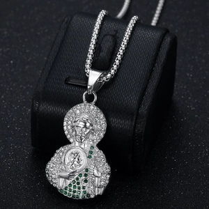 Collier pendentif Saint Jude en acier inoxydable argenté avec cristaux et chaîne vénitienne