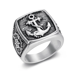 Vintage stainless steel anchor signet ring for men with nautical nautical rope details
