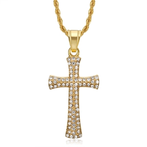 Gold stainless steel iced out cross pendant with sparkling crystals on a rope chain