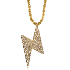 Collier pendentif éclair hip hop en acier doré avec cristaux transparents