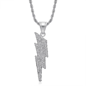 Hip hop lightning bolt pendant necklace in silver rope chain with full white zircons