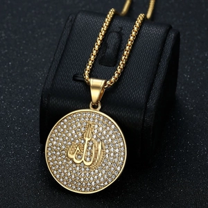 Gold plated stainless steel Allah pendant necklace with iced out rhinestones and box chain