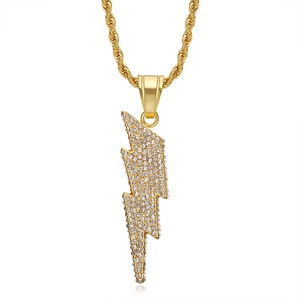 Hip hop lightning bolt pendant necklace with sparkling diamonds and gold plated rope chain