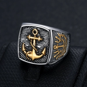 Vintage stainless steel nautical anchor ring for men with golden relief on black wave pattern