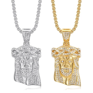 Hip Hop Edelstahl Jesus Kopf Anhänger Halskette Für Herren Damen Vergoldet Eingelegter Strass Religiöser Schmuck Geschenk