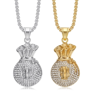 Collier Hip Hop avec Pendentif Sac d'Argent Iced Out en Acier Inoxydable Plaqué Or Signe Dollar Strass Bijoux Homme Femme