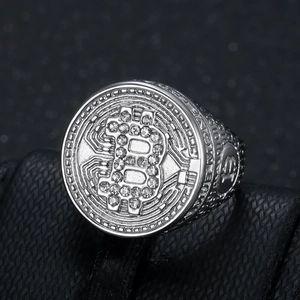 Hip hop silver plated Bitcoin ring for men with pavé crystals and side engraving