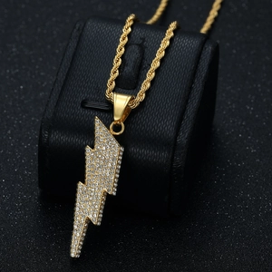 Gold plated hip hop lightning bolt pendant necklace with crystals on a twist chain