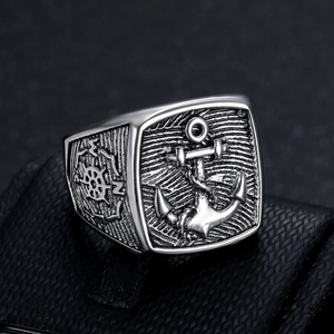 Vintage stainless steel anchor ring for men with nautical compass and helm details