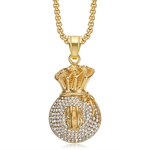 Collier avec pendentif sac d'argent plaqué or et diamants étincelants style hip hop