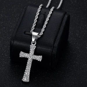 Silver stainless steel cross pendant necklace with clear crystals and a rope chain