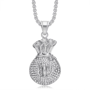 Collier avec pendentif sac d'argent en acier inoxydable doré et cristaux scintillants