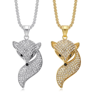 Collier Pendentif Renard en Acier Inoxydable Hip Hop pour Hommes Femmes Pendentif Animal avec Strass Pavé Bijoux Électroplaqués Or Argent Cadeau
