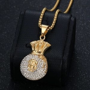 Collier hip-hop doré avec pendentif sac d'argent serti de strass brillants