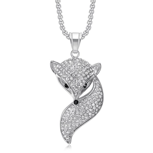 Pendentif renard hip-hop en acier inoxydable argenté serti de strass étincelants